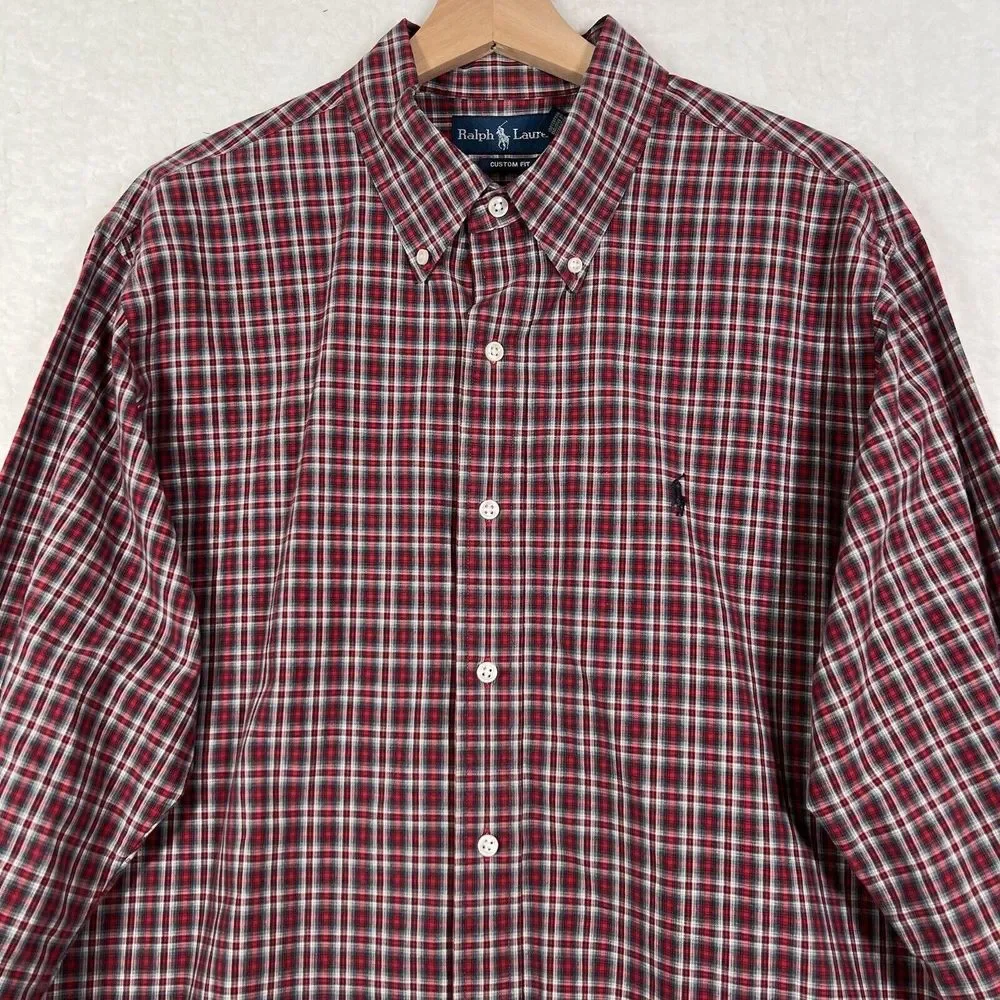 Ralph Lauren Men's Custom Fit Red Long Sleeve Button‎ Down Plaid Shirt Size XL